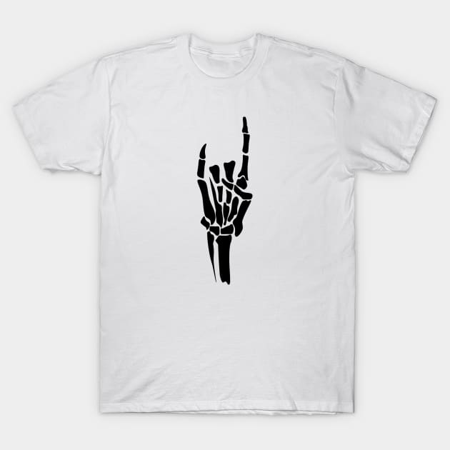 Devils horns skelleton hand in black T-Shirt by Deathrocktee